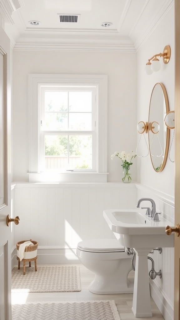 Bright bathroom with Pure White walls, wooden accents, and elegant fixtures