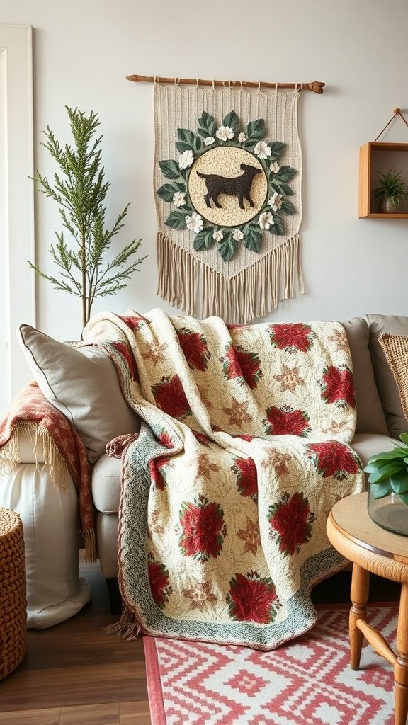 Cozy living room featuring a quilted throw and a decorative wall hanging