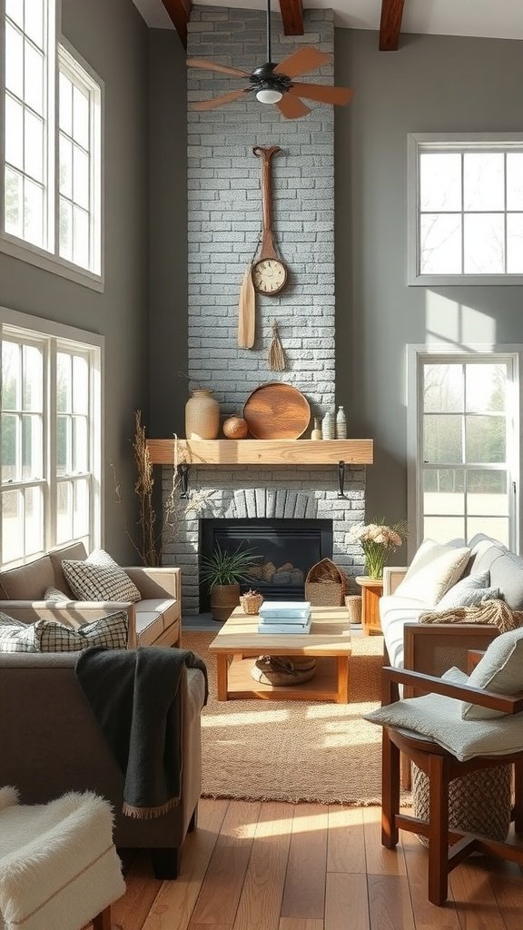 A grey modern farmhouse living room featuring a stone fireplace, wooden decor pieces, and cozy furniture