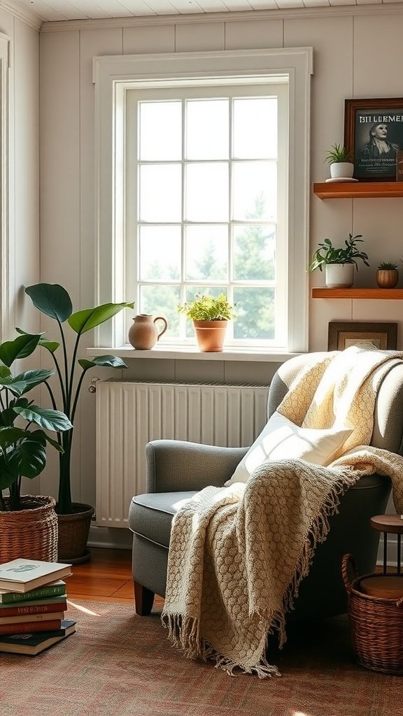 Cozy reading nook in a farmhouse living room with a comfortable chair, blanket, window light, and potted plants