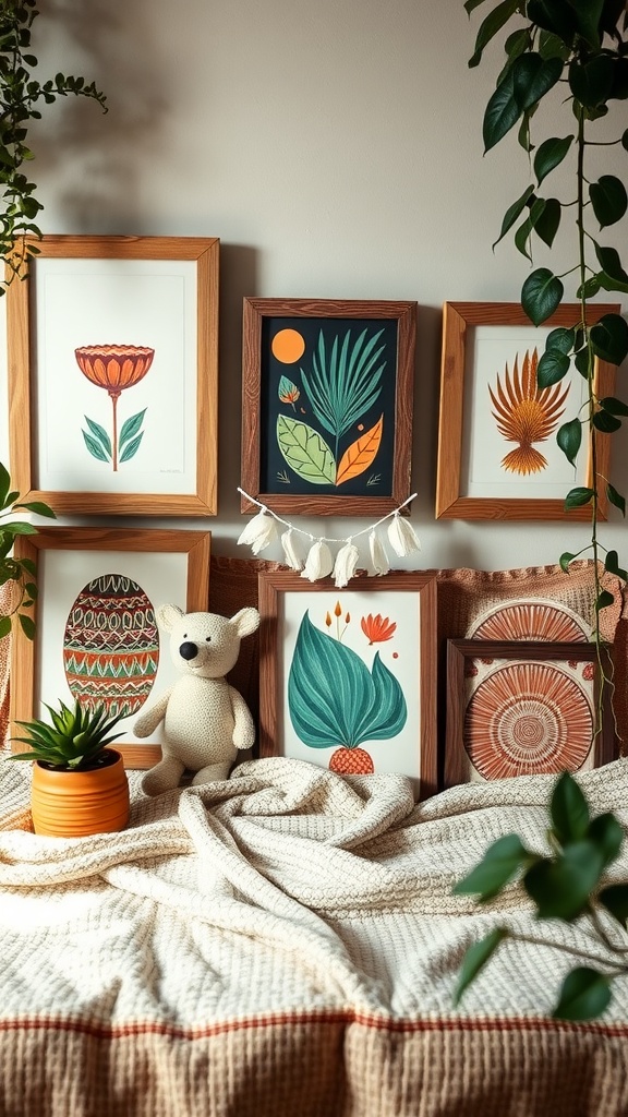 A collection of framed botanical prints in reclaimed wood frames, surrounded by a cozy blanket and plants.