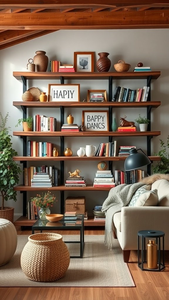 Reclaimed wood shelving in a modern farmhouse living room setting, featuring books, plants, and decorative items.