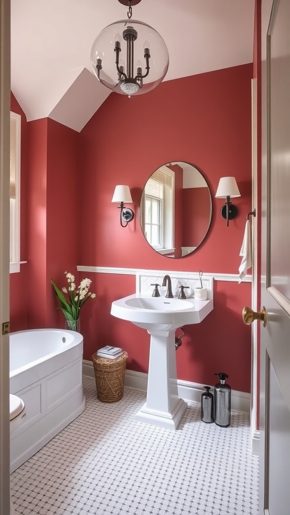 A stylish bathroom featuring Redend Point paint by Sherwin-Williams with a chandelier, white fixtures, and greenery.
