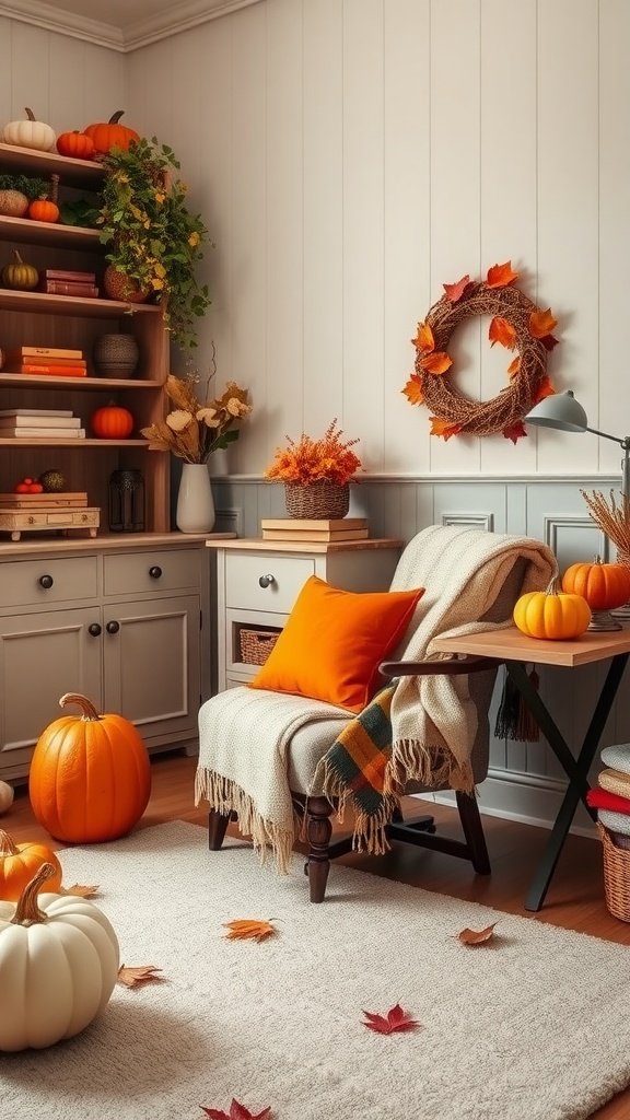 A cozy fall-themed home office with pumpkins, warm colors, and comfy decor.