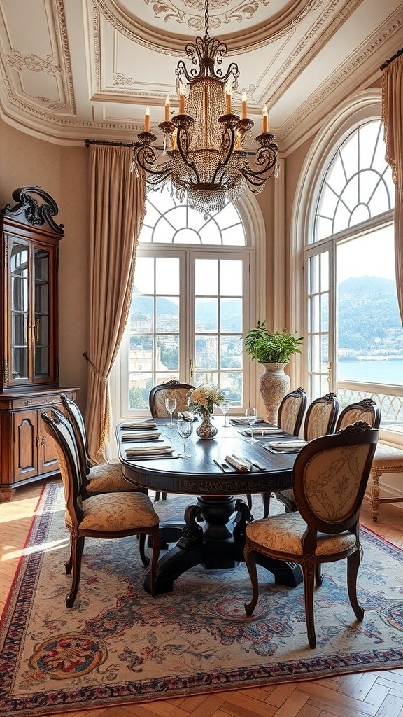 Luxurious Italian dining room with a chandelier, round table, and large windows