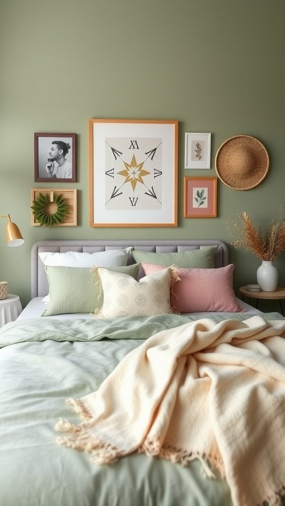 A sage green bedroom featuring layered bedding, decorative pillows, and wall art.
