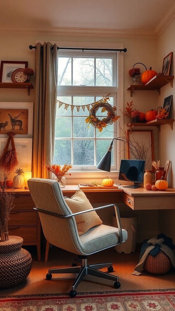 A cozy fall home office with pumpkins, a comfortable chair, and warm lighting