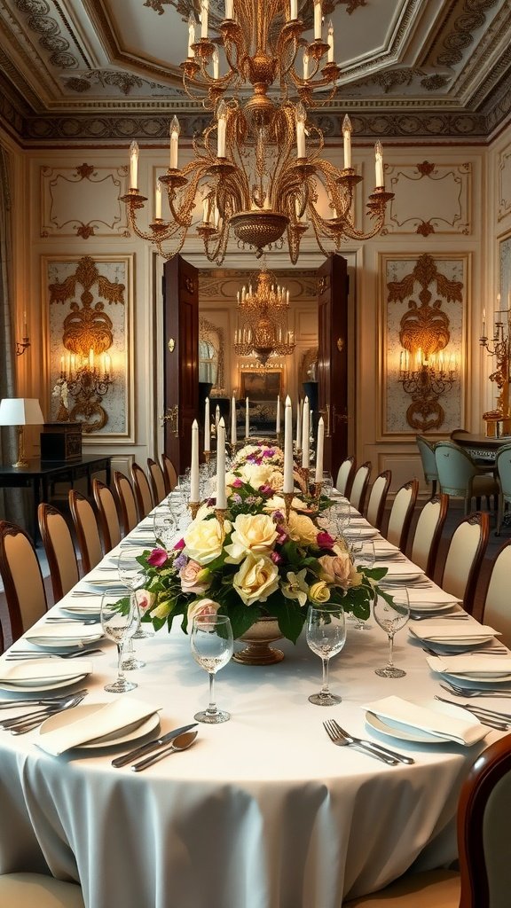 Luxurious Italian dining room with a long table, elegant floral centerpiece, and ornate chandelier.
