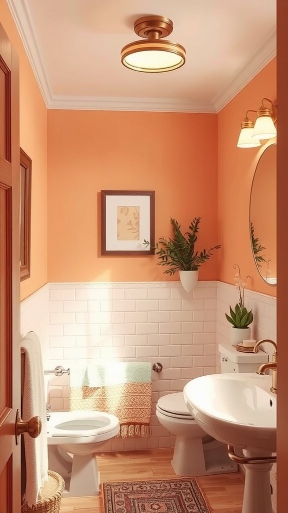 A small bathroom featuring warm peach walls, white tiles, and plants, creating a cozy atmosphere.