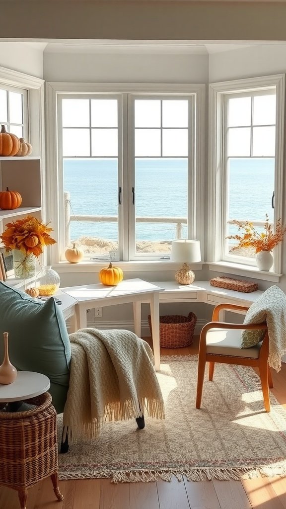 Cozy home office with a coastal view and fall decorations