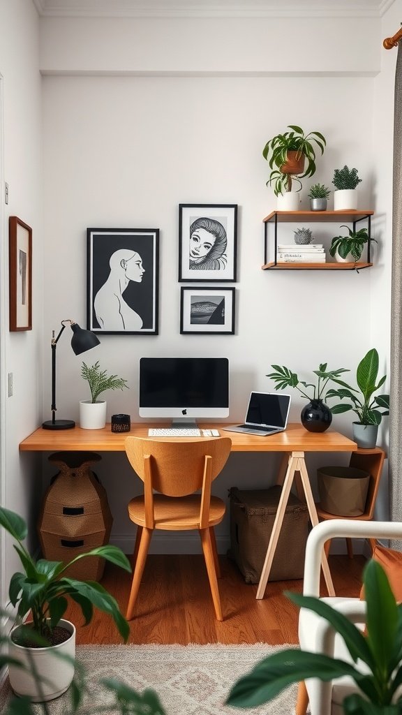 A cozy small home office setup featuring a wooden desk, computer, plants, and art on the walls.