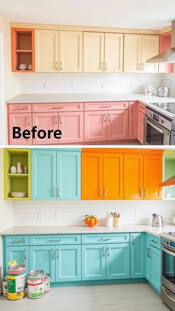 Before and after image of kitchen cabinets, showing a transformation from muted tones to bright colors.