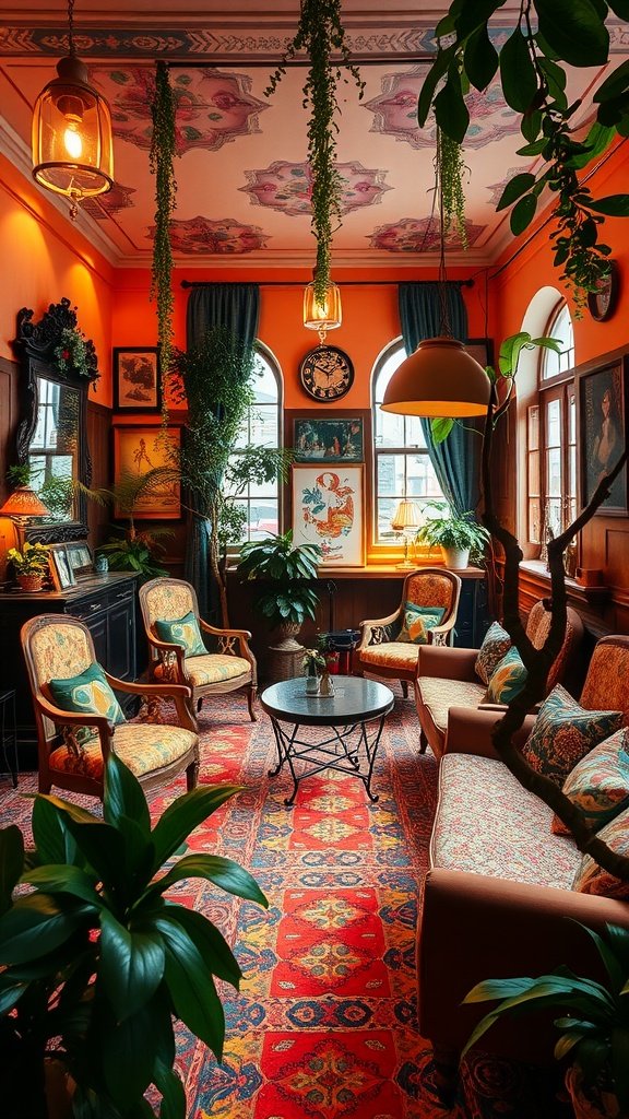 A cozy retro bohemian lounge with orange walls, vintage furniture, plants, and eclectic decor.