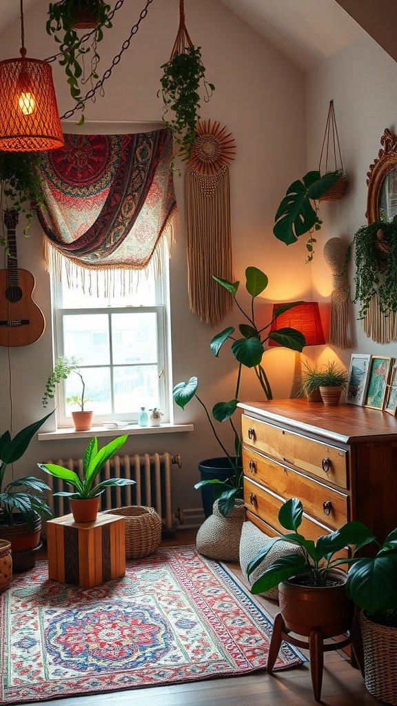 Cozy Boho bedroom with plants, colorful rug, and vintage decor.