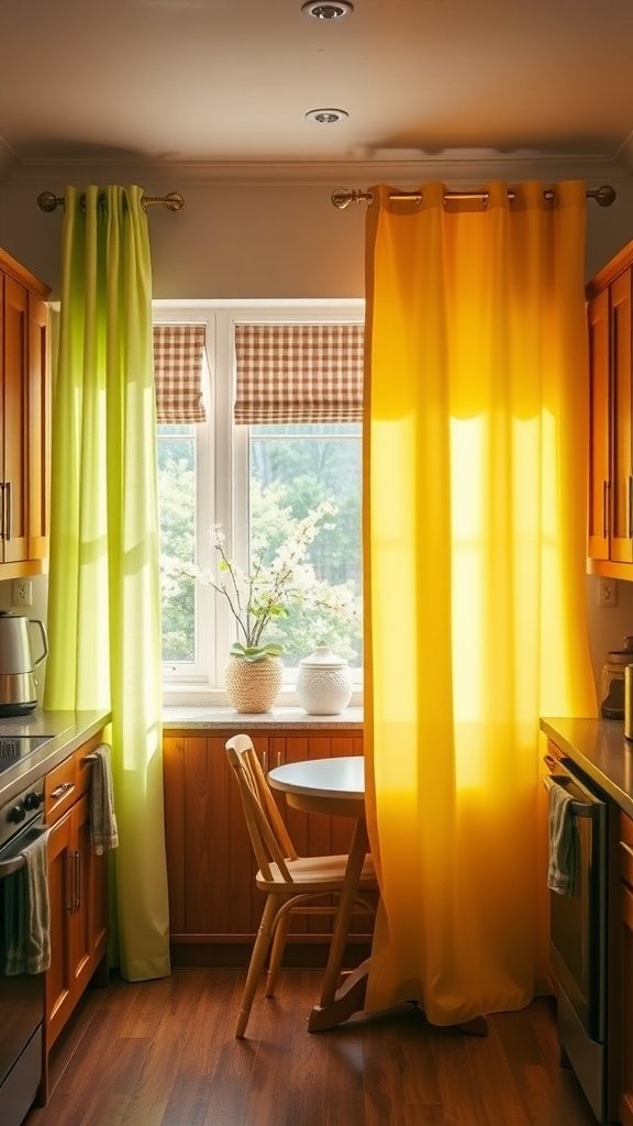 A kitchen with green and yellow reversible curtains, showcasing a bright and cheerful space.