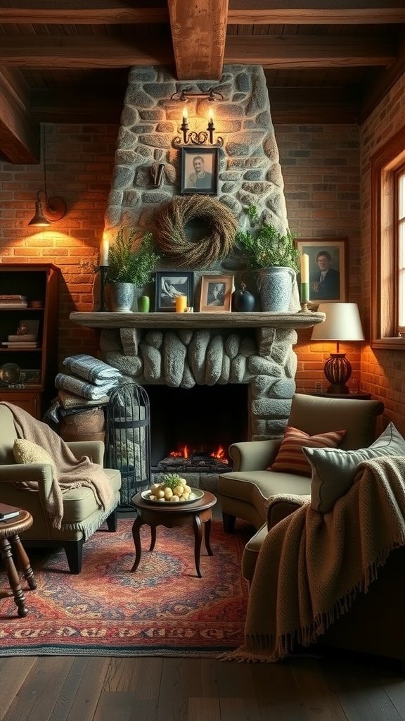 Cozy nook with a rocky hearth, warm lighting, and rustic decor.
