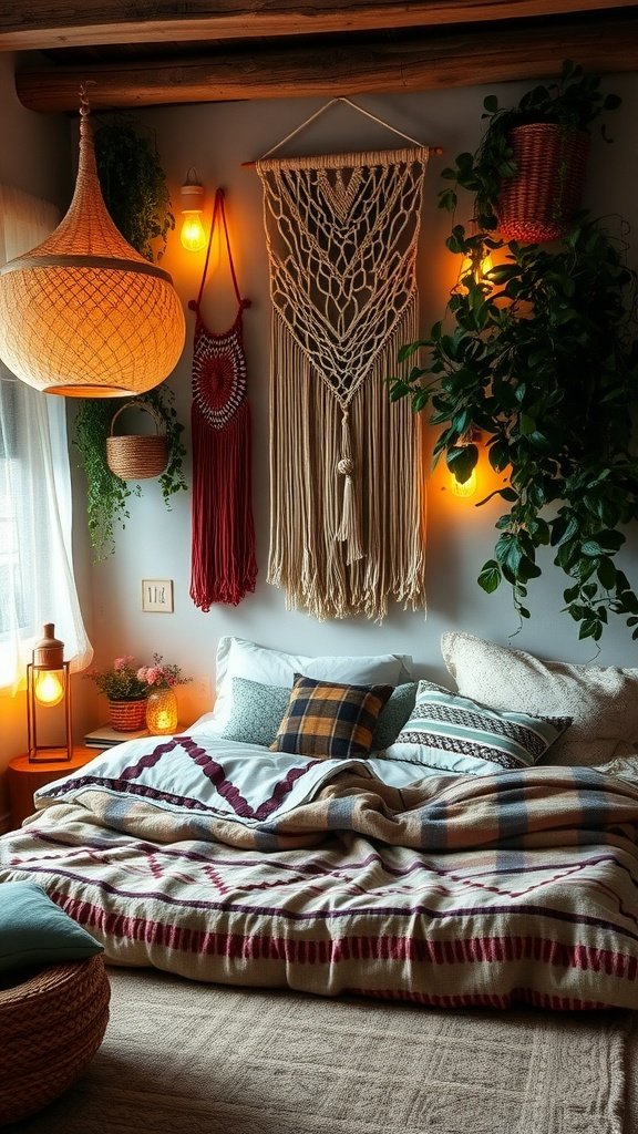 A cozy bohemian bedroom with warm lighting, macramé wall hangings, and layered bedding.