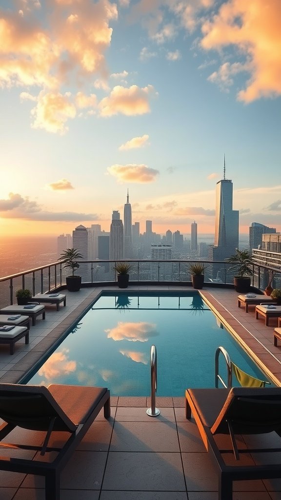 Rooftop plunge pool overlooking a city skyline at sunset.