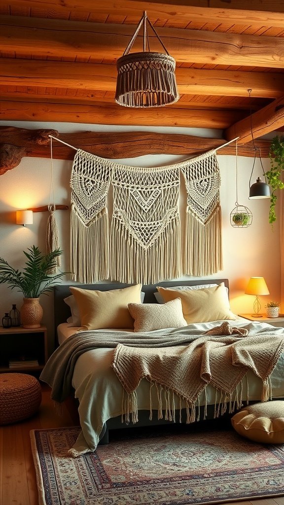 A rustic boho bedroom with wooden beams, macramé wall art, and cozy bedding.
