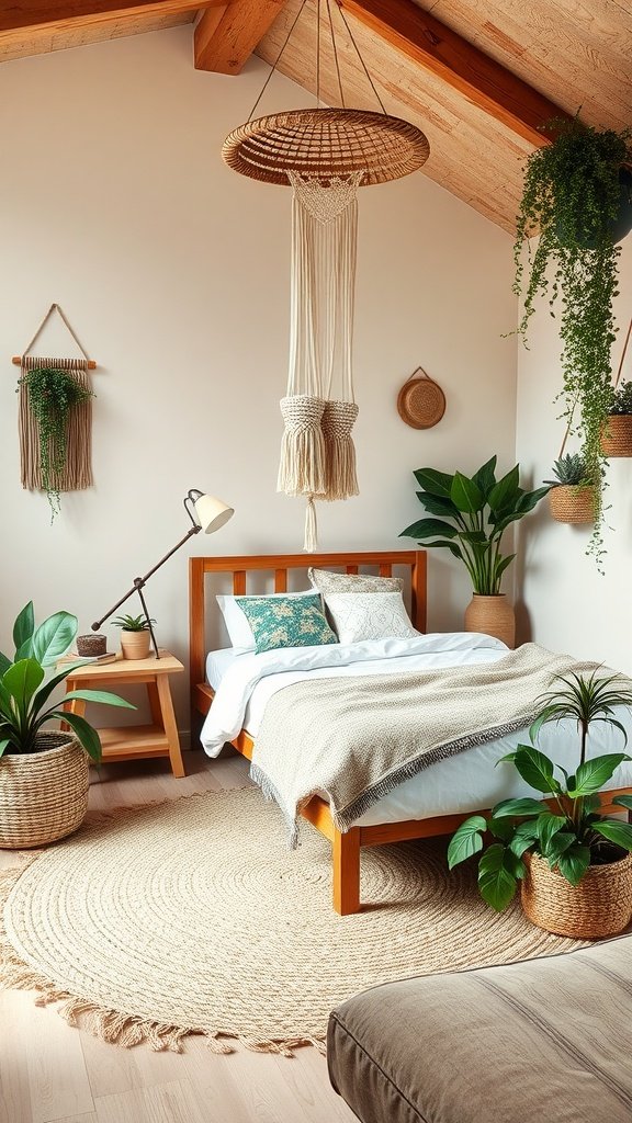 A rustic boho style bedroom featuring a wooden bed frame, hanging decor, indoor plants, and natural textures.