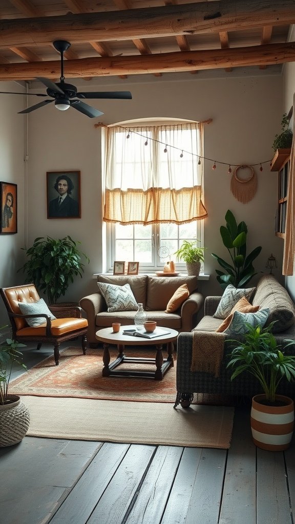 A rustic boho living room with wooden beams, cozy seating, and plants.