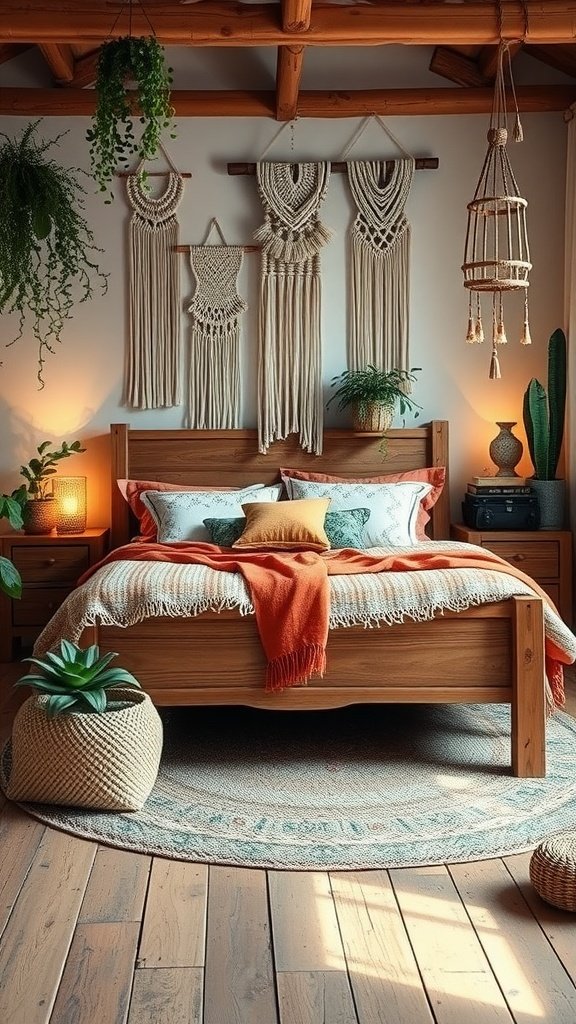 A rustic boho bedroom featuring a wooden bed, macramé wall hangings, and plants.