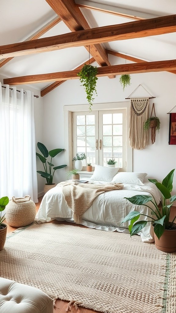 A rustic boho style bedroom with wooden beams, plants, and soft white linens.