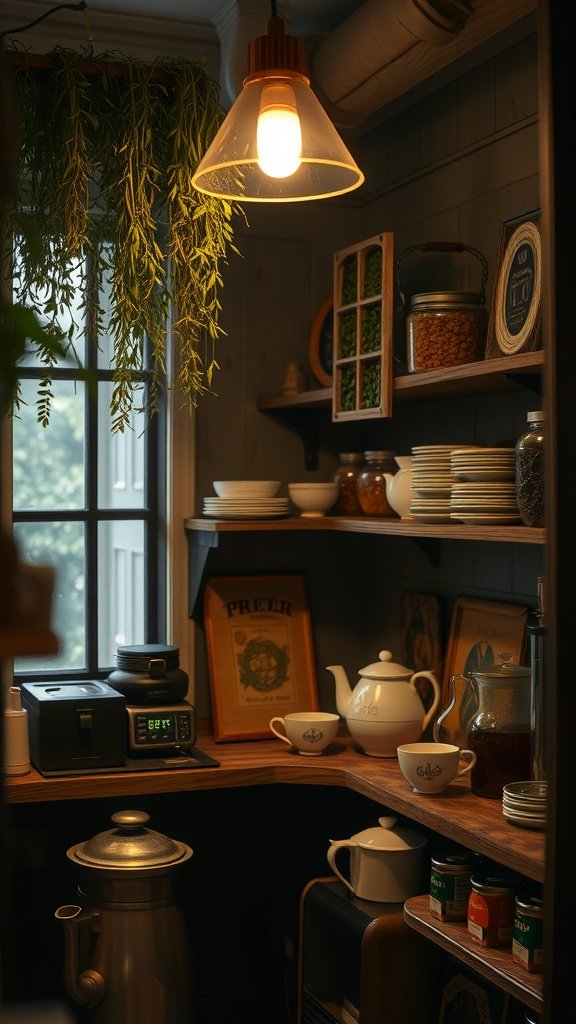 A cozy rustic brew corner with shelves filled with dishware and plants, warm lighting, and a coffee maker.