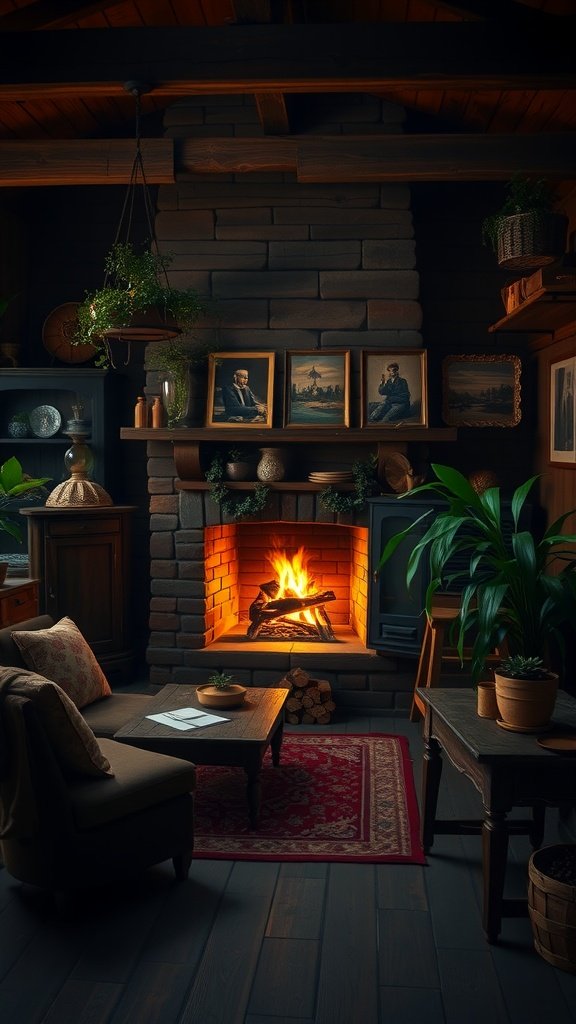 A cozy corner of a rustic room featuring a stone fireplace, wooden furniture, and vintage decor, creating a warm and inviting atmosphere.