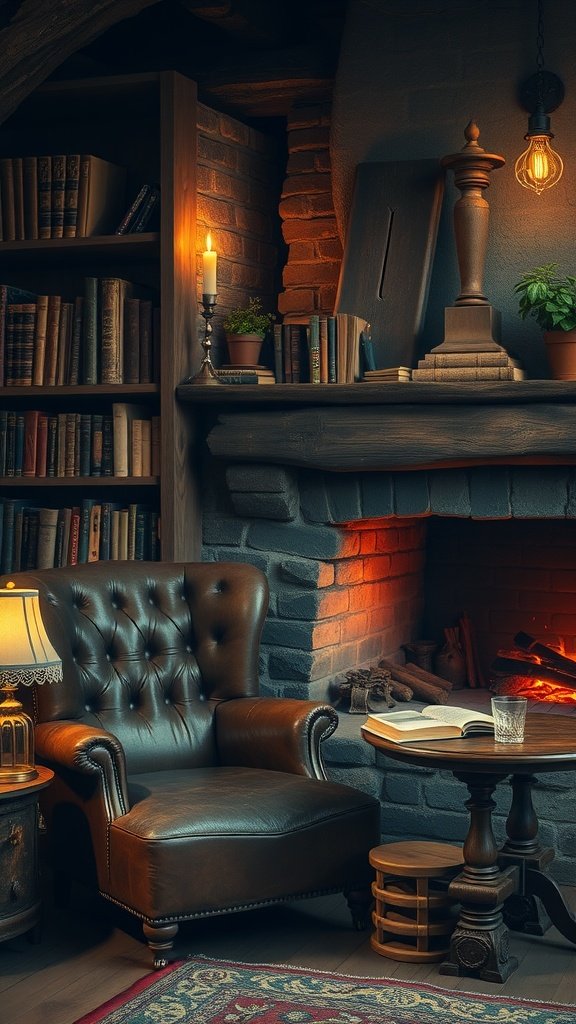 A cozy reading corner featuring a leather armchair, wooden table with an open book, and a fireplace with a warm glow.