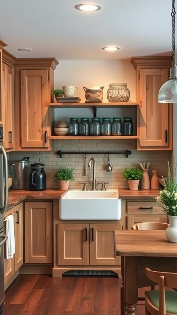 Cozy rustic farmhouse kitchen with wooden cabinets, open shelving, and farmhouse sink.