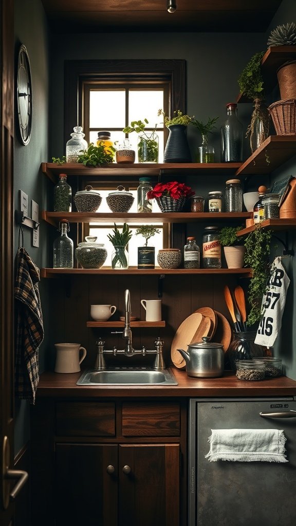 A rustic kitchenette featuring wooden shelves filled with herbs, spices, and plants, showcasing a cozy and nostalgic atmosphere.