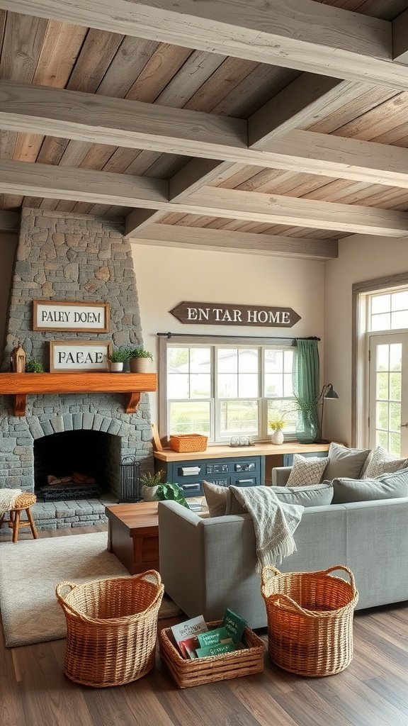 A rustic living room featuring grey-toned woods, a stone fireplace, and a cozy sofa.