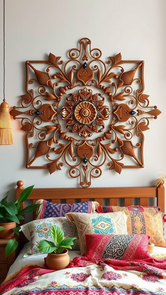 Rustic metal wall art in a Boho themed bedroom with a wooden bed and colorful pillows