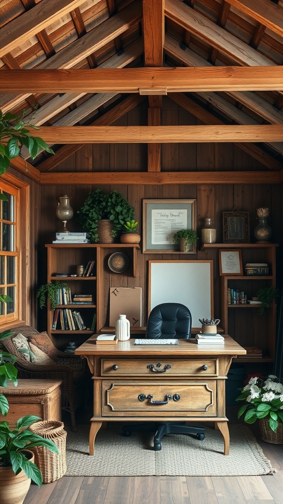 A rustic shed office with wooden beams, a stylish desk, bookshelves, and plants.