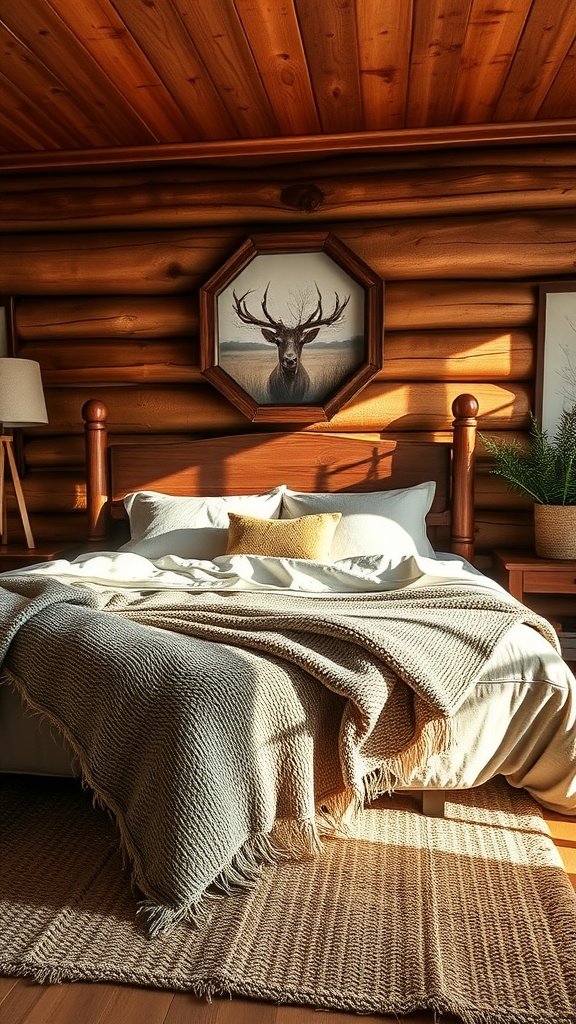 A cozy rustic master bedroom with wooden accents and soft textiles.