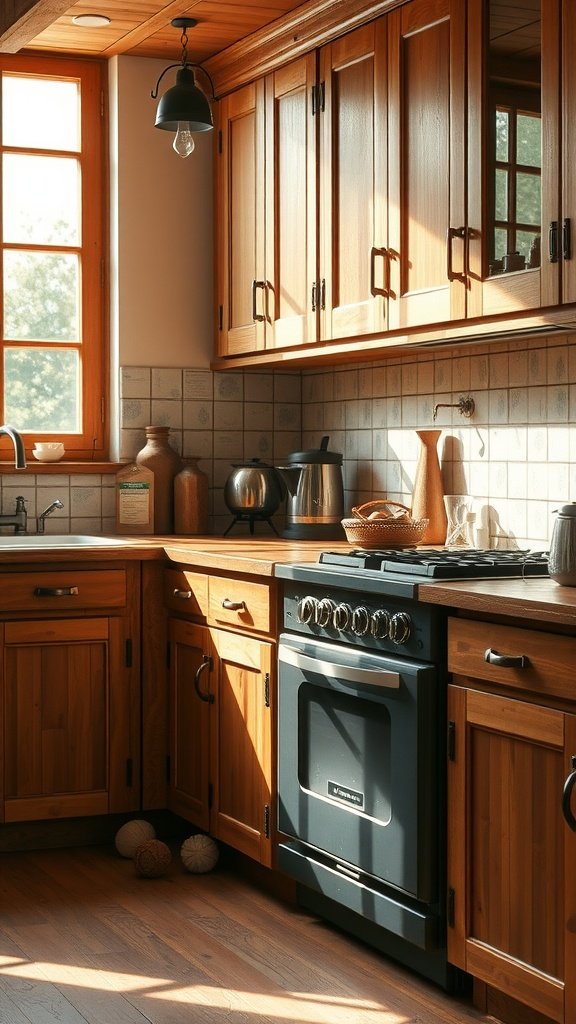 A cozy kitchen featuring rustic wood cabinets with a dark stove and natural light coming through the window.