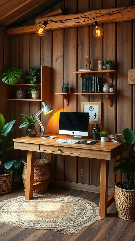Cozy rustic home office with wooden walls, a simple desk, computer, plants, and warm lighting.
