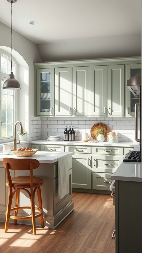 A modern kitchen featuring sage green cabinets, wooden floors, and bright natural light.