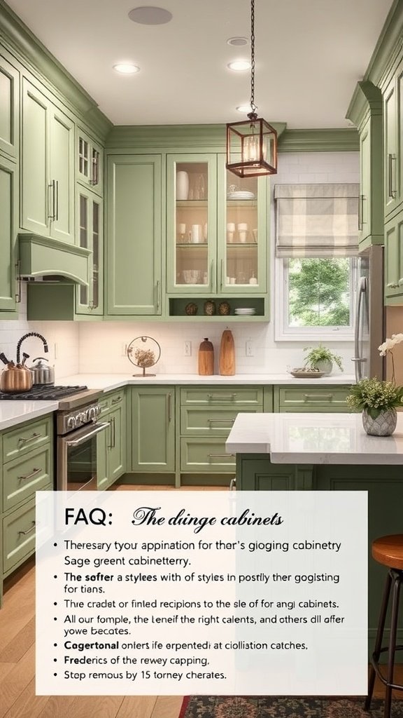 Sage green kitchen cabinets in a modern kitchen setting