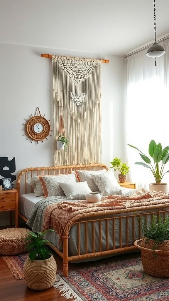 Cozy boho bedroom featuring a rattan bedframe, macramé wall hanging, and plants