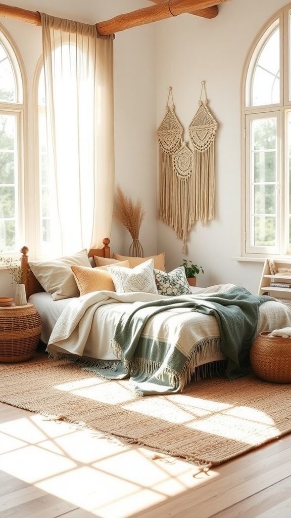 A bright and cozy boho bedroom featuring a bed with textured pillows, light curtains, macramé wall hangings, and woven baskets.