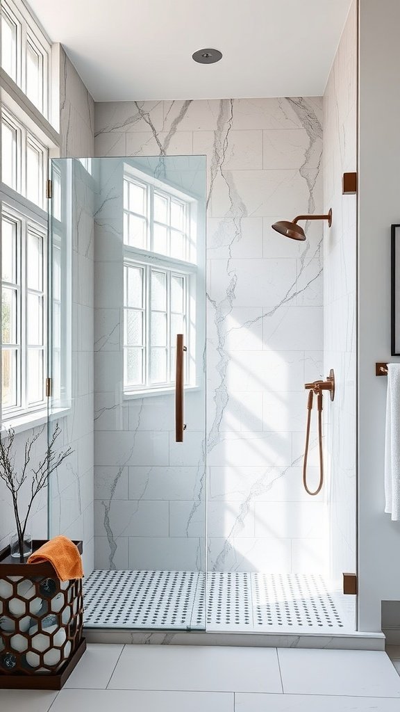 Stylish walk-in shower featuring glass enclosure, marble tiles, and copper fixtures in a bright bathroom
