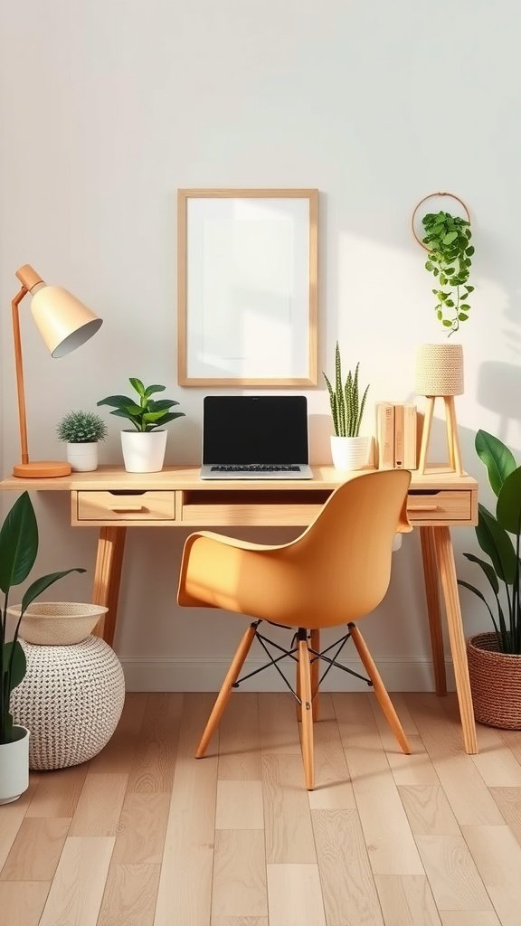 A Scandinavian-inspired home office featuring a light wood desk, orange chair, plants, and a desk lamp.