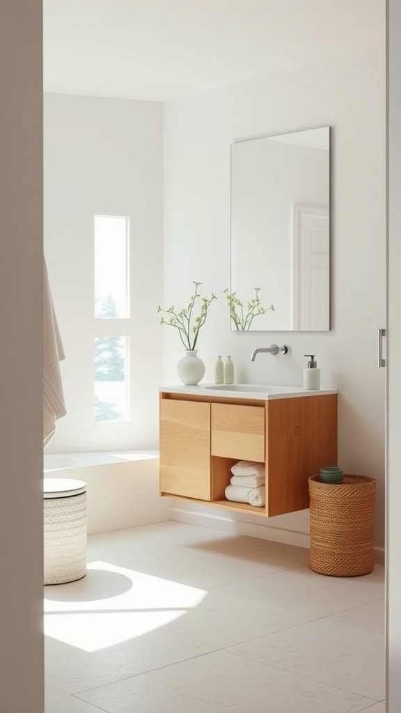 A bright Scandinavian bathroom featuring cement floor tiles, a light wood vanity, and soft natural decor.