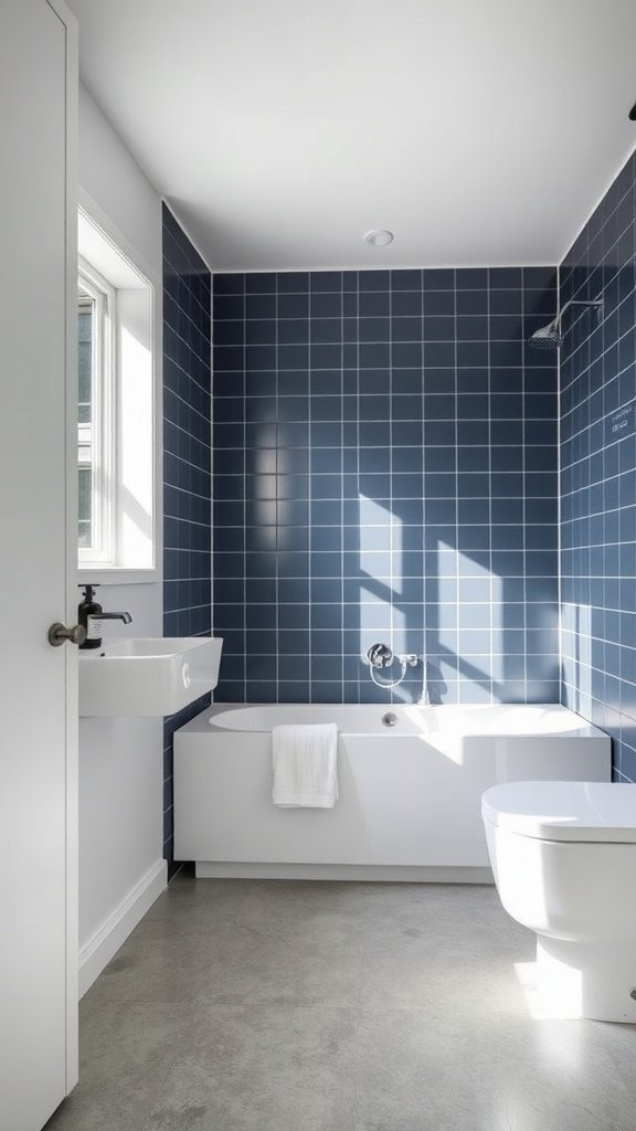 Scandinavian bathroom featuring indigo wall tiles, concrete-look floor, bathtub, and modern sink