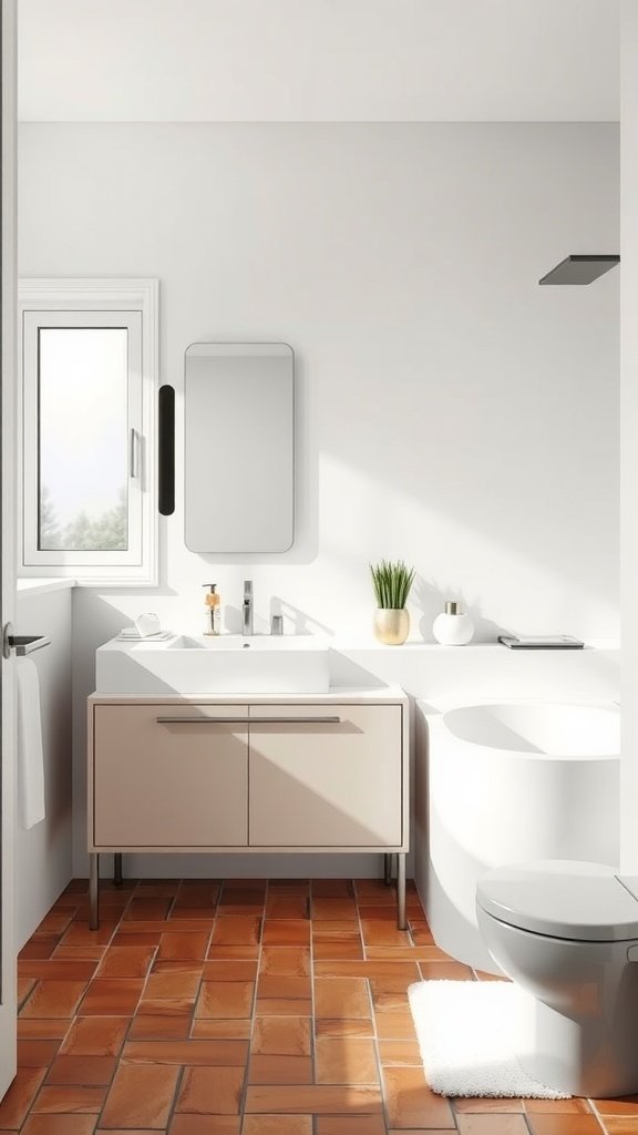 A Scandinavian bathroom featuring terra-cotta tiles and a modern console sink, with natural light and a small plant.