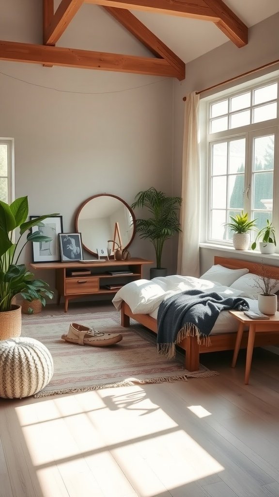 A bright Scandinavian boho bedroom featuring wooden beams, natural decor, and plants.