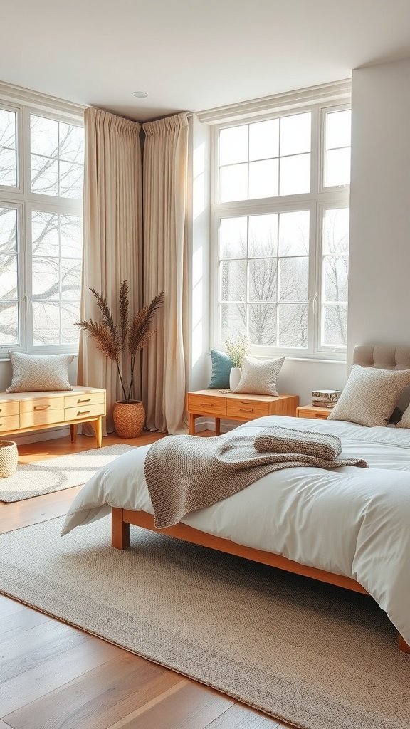 A cozy Scandinavian style master bedroom featuring natural wood furniture, large windows, and soft textiles.