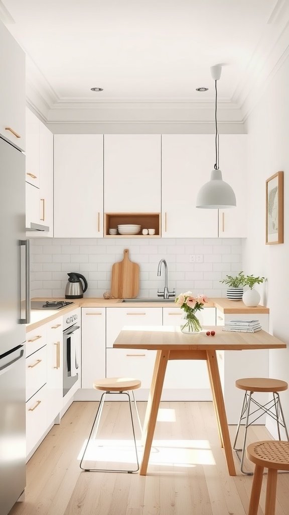 A bright and minimalist Scandinavian kitchen featuring white cabinets, wooden accents, and a modern pendant light